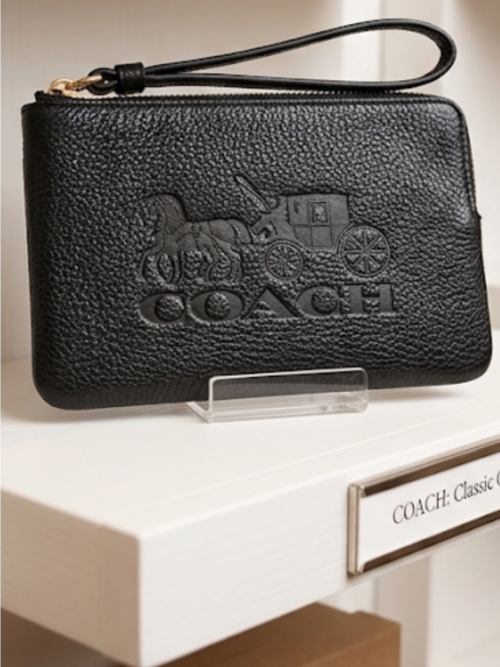 Coach Black Pebbled Leather Wristlet with Embossed Carriage NWOT